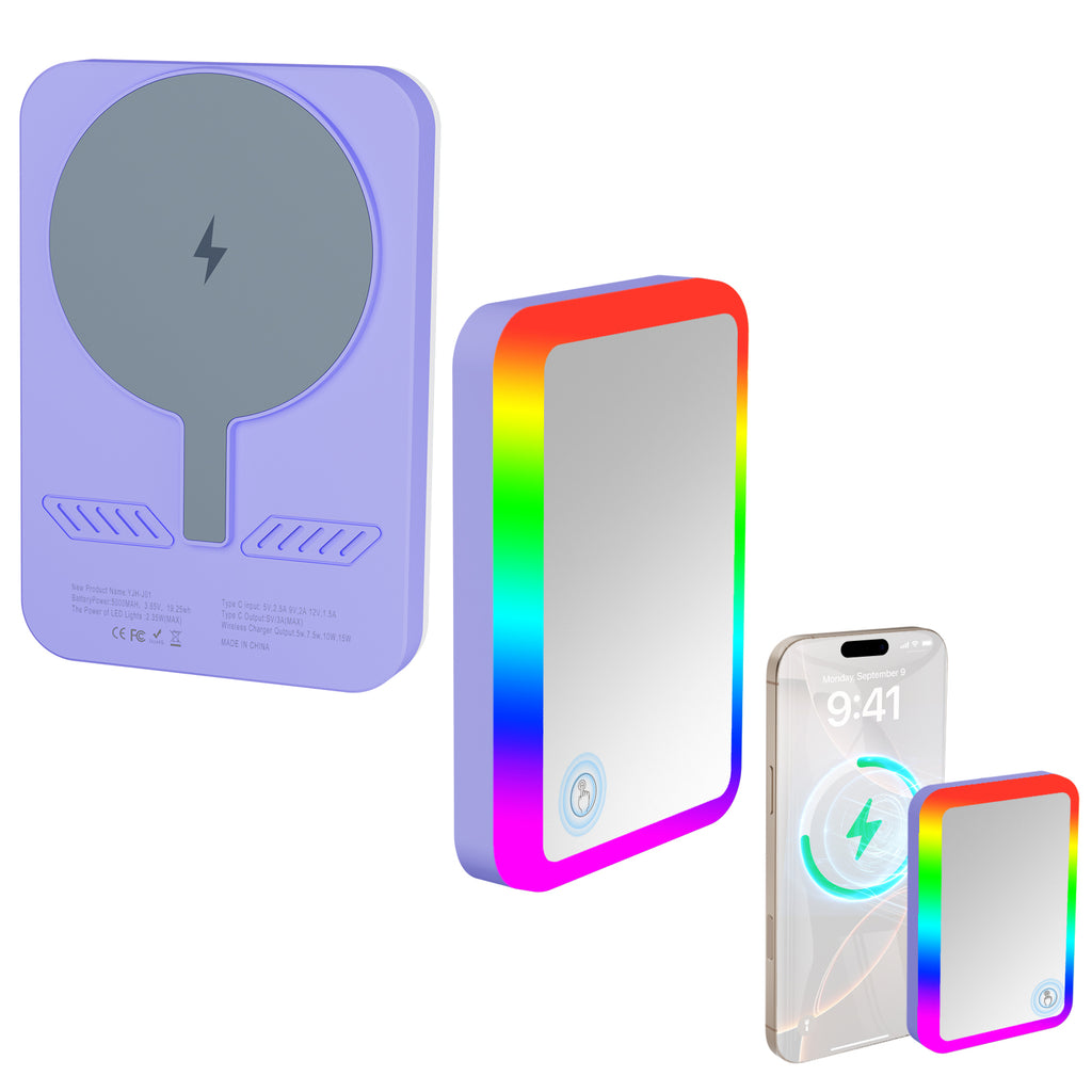 Glow Magnetic Power Bank MagSafe Compatible 5000mAh 15W - RGB LED Ring & Mirror