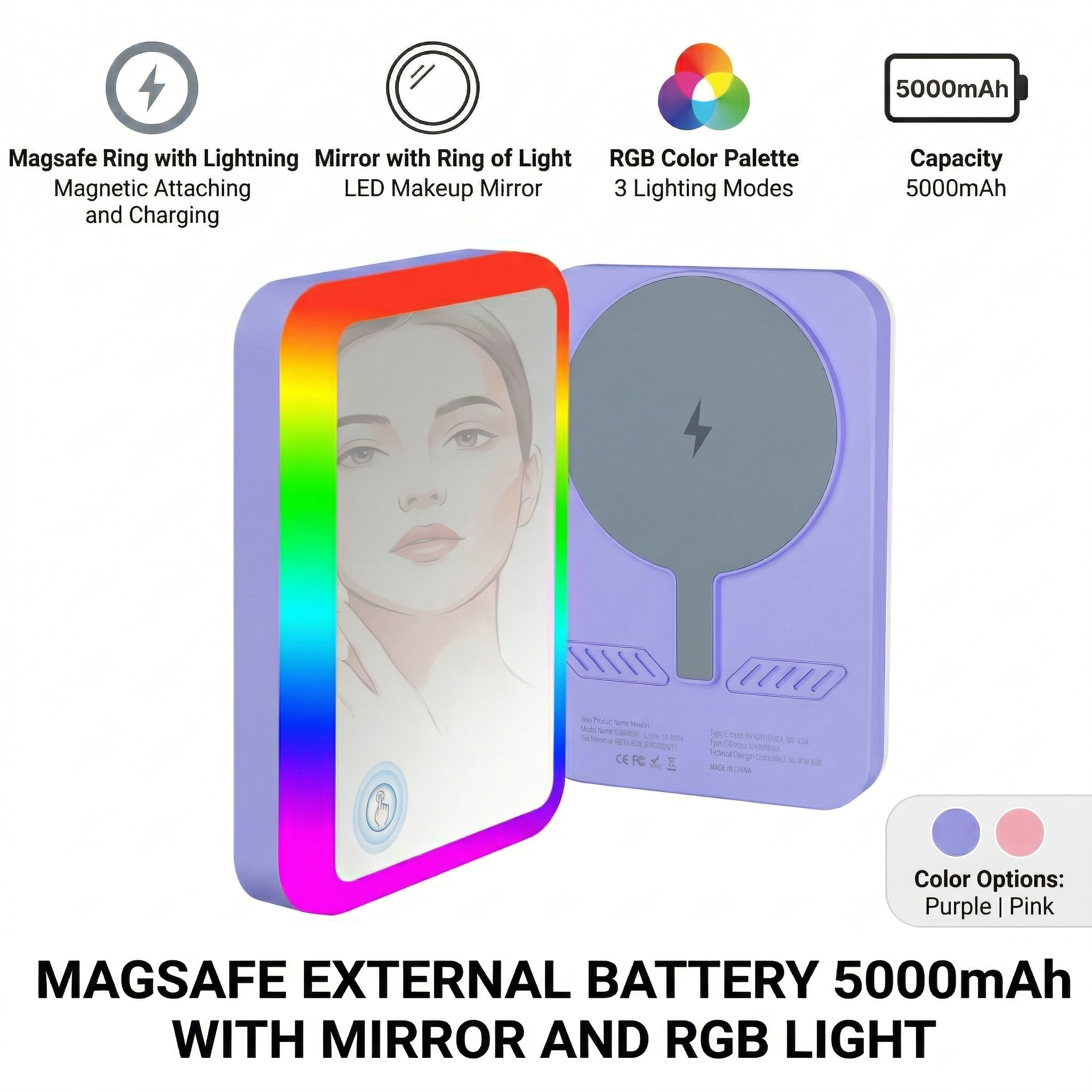Glow Magnetic Power Bank MagSafe Compatible 5000mAh 15W - RGB LED Ring & Mirror