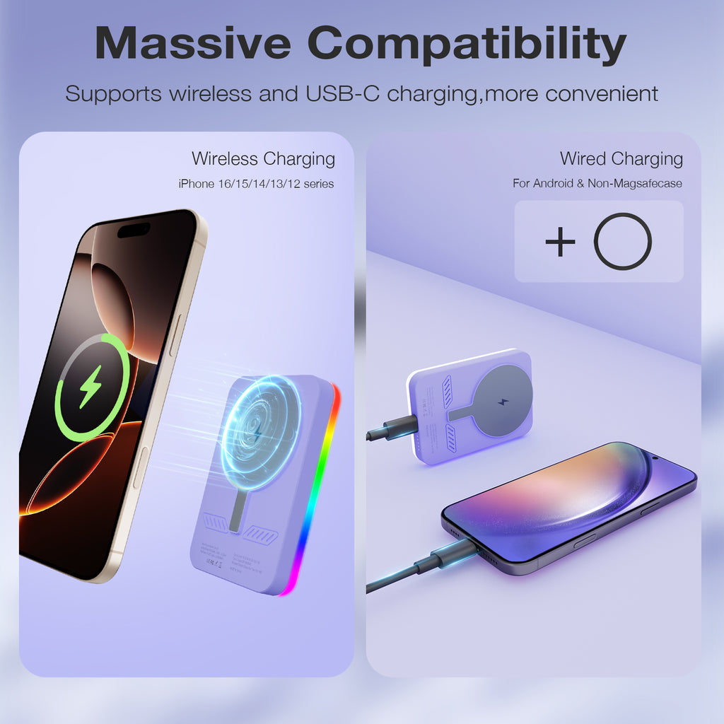 Glow Magnetic Power Bank MagSafe Compatible 5000mAh 15W - RGB LED Ring & Mirror