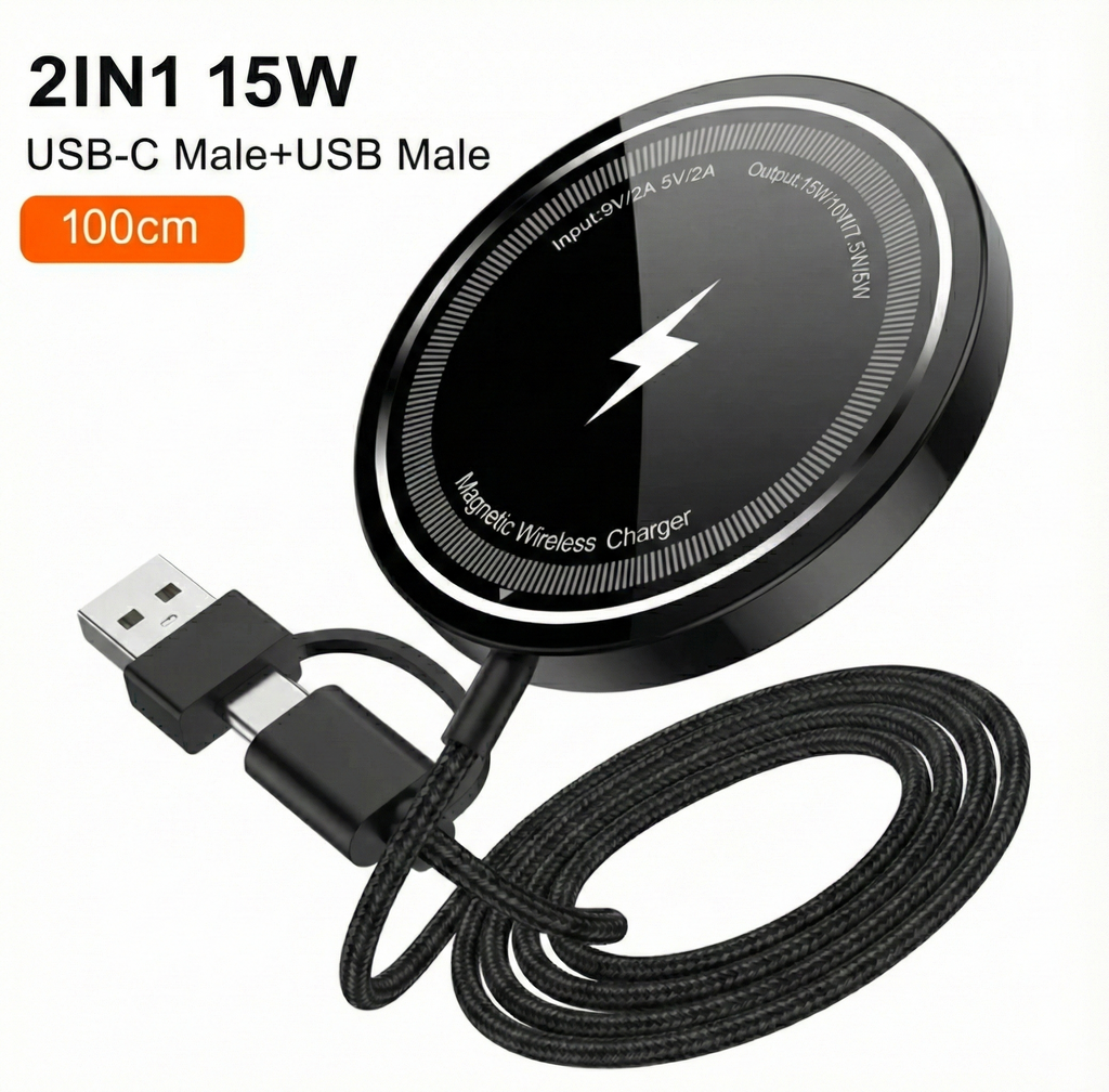 Air M1 Magnetic Wireless Charger – 15W, Hybrid USB-C & A