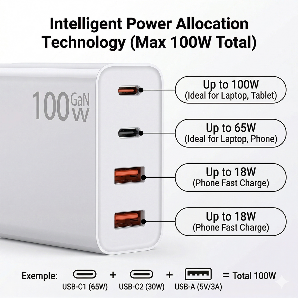 Power 100CA1 | 100W GaN Fast Charger - 4 Ports